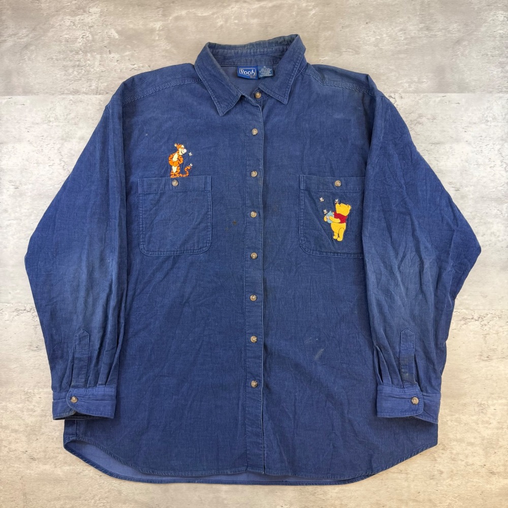 Vintage Disney Pooh Blue Corduroy Button Down Shirt XL Tigger Winnie The Pooh